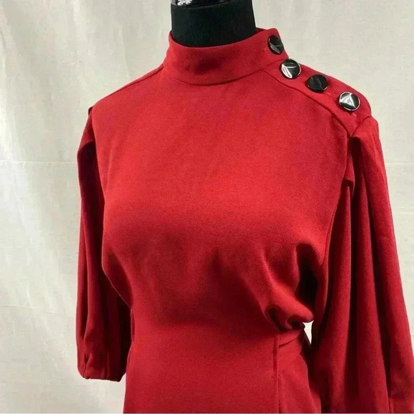 ZARA Midi Dress Ballon Sleeve Maroon W/ Buttons On Shoulder Ties Small - Picture 8 of 8
